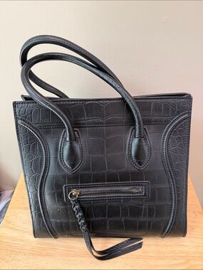 Black Croc-Embossed Leather Tote Bag